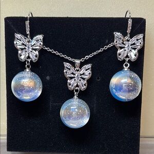 Blue and Silver Butterfly Necklace and Earrings with Iridescent Spheres